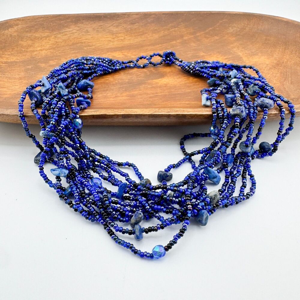 Vintage Multi Strand Blue Seed Bead Gemstone Necklace Boho Statement Retro Layer